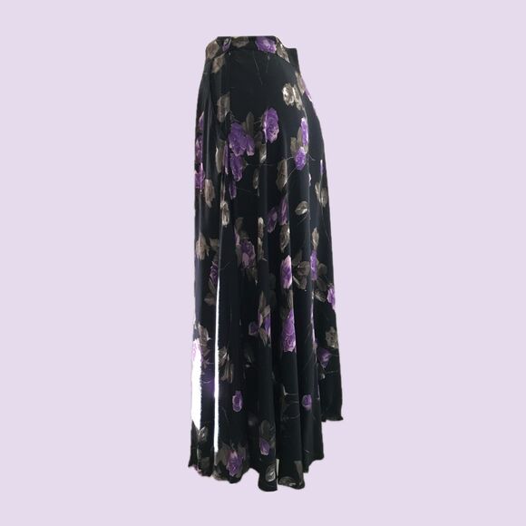 Vintage 90s ABS Black Purple Rose Floral Midi Skirt w/ Pockets Small - Picture 3 of 9